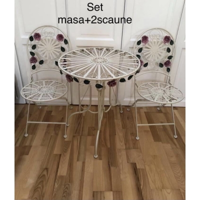 Set masa si 2 scaune pliabile metalice cu trandafirasi metalici
