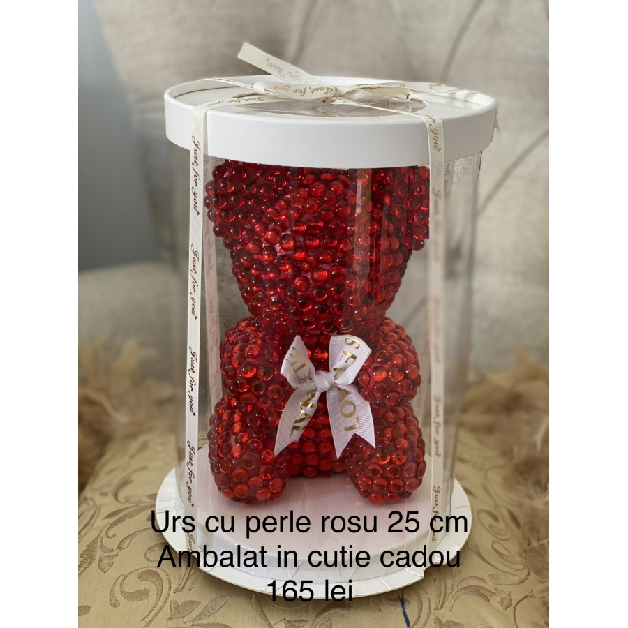 Urs 25 cm cu perle rosu in cutie cadou