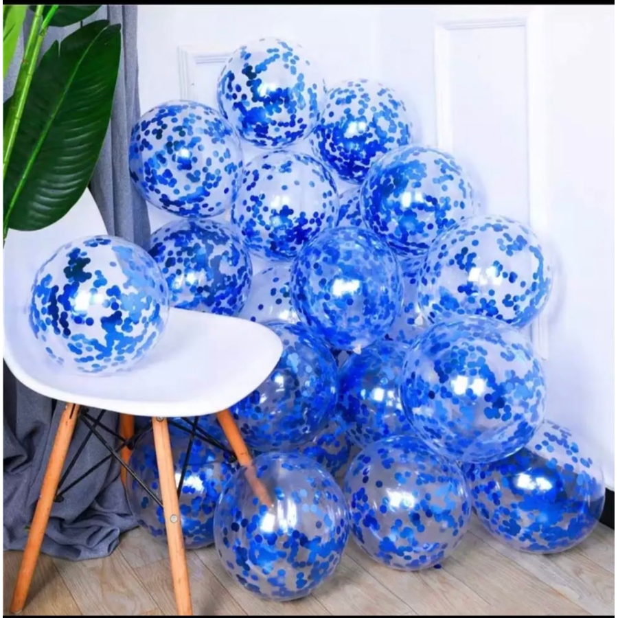 Set 50 baloane latex 30 cm transparente cu confetti albastru